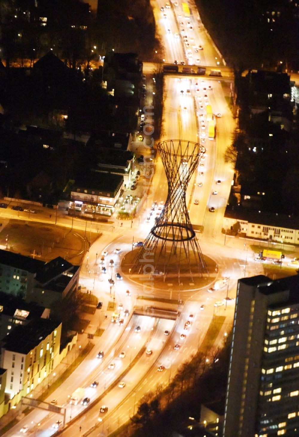 München at night from above - Night view Road over the crossroads Effnerplatz - Buelowstrasse in Munich in the state Bavaria