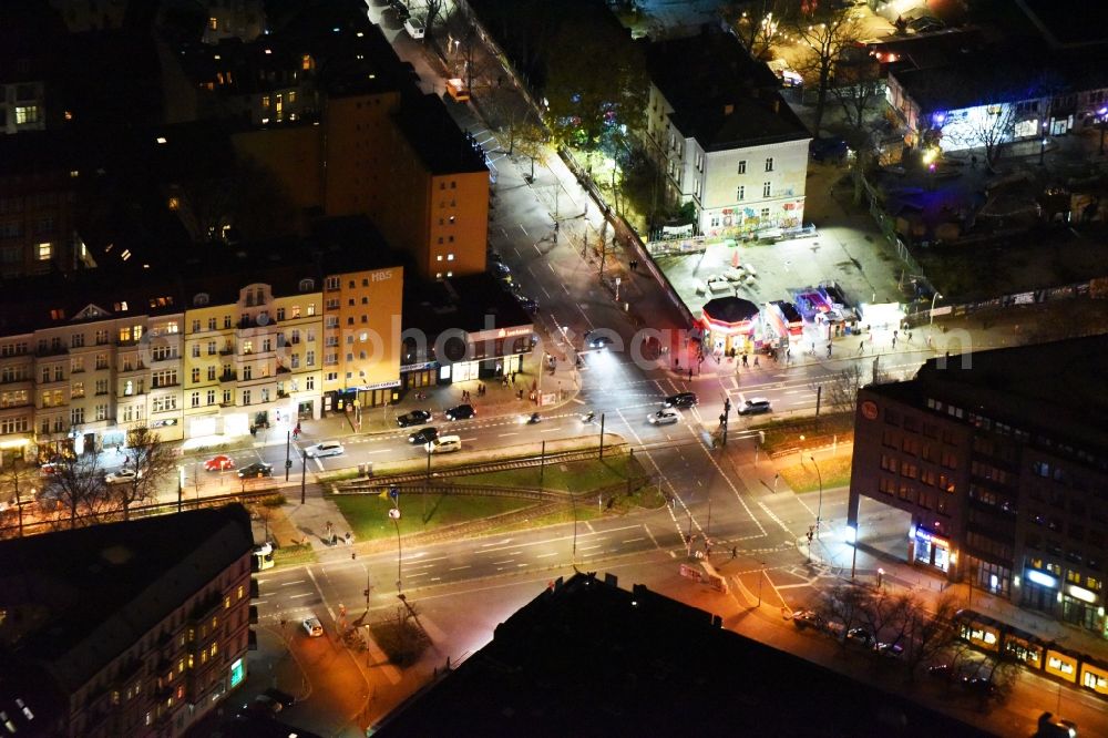 Berlin at night from above - Night view road over the crossroads Warschauer Strasse - Revaler Strasse in Berlin