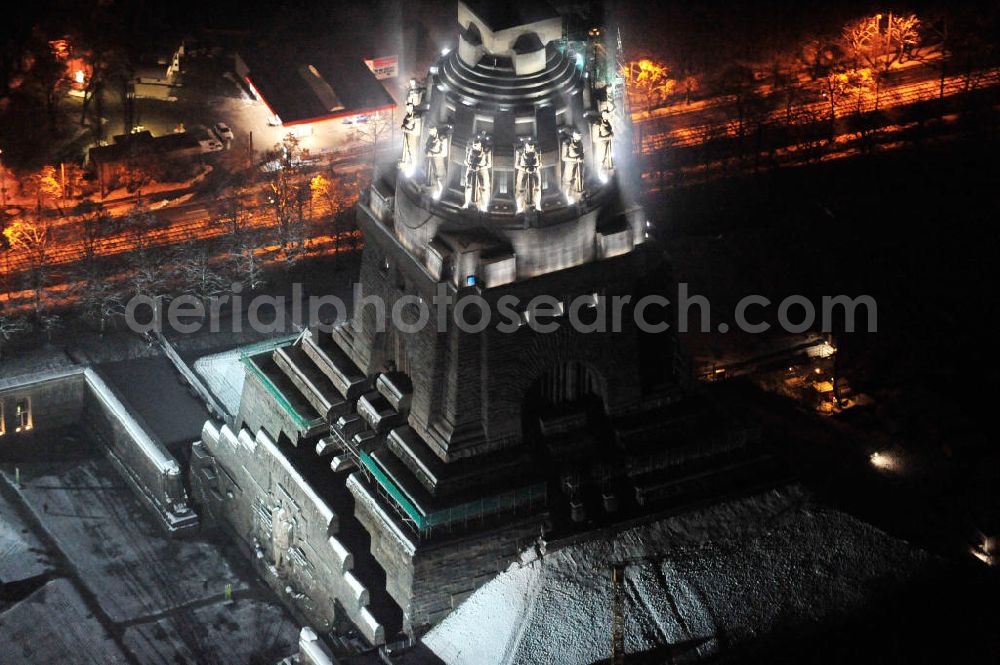 Leipzig at night from above - Nachtluftbild vom Völkerschlachtdenkmal - winterlich mit Schnee bedeckt. Night aerial view of the Battle Monument Leipzig.