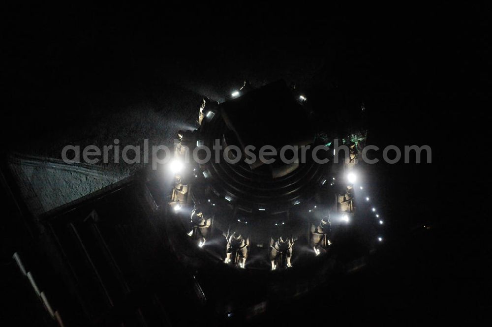 Aerial photograph at night Leipzig - Nachtluftbild vom Völkerschlachtdenkmal - winterlich mit Schnee bedeckt. Night aerial view of the Battle Monument Leipzig.