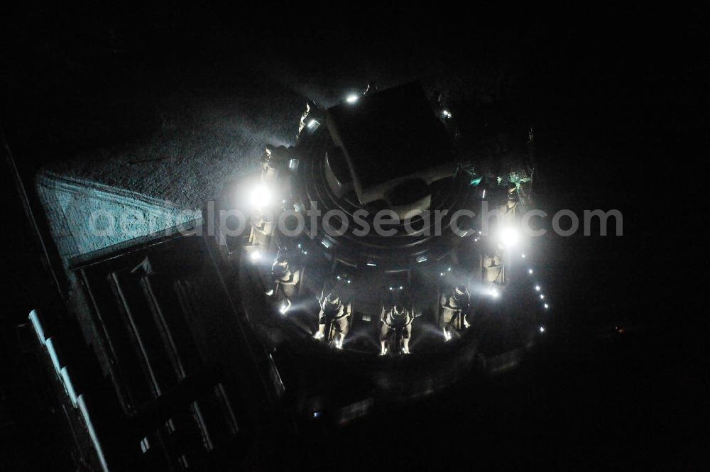 Aerial image at night Leipzig - Nachtluftbild vom Völkerschlachtdenkmal - winterlich mit Schnee bedeckt. Night aerial view of the Battle Monument Leipzig.