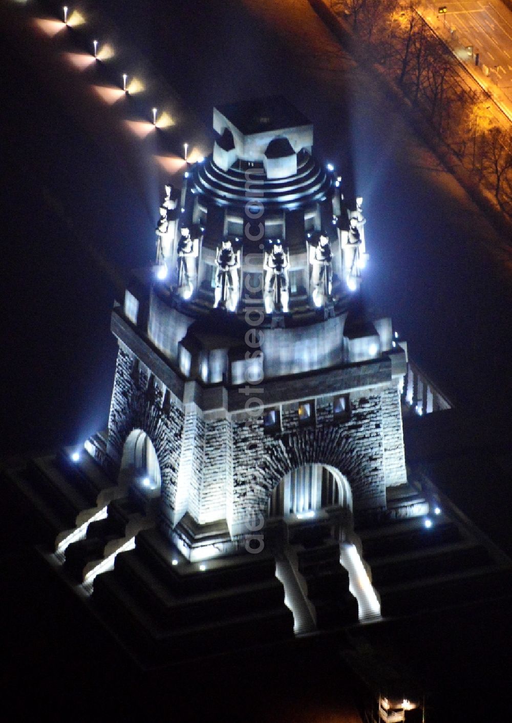 Leipzig at night from above - Night aerial view of the Battle Monument Leipzig in Saxony