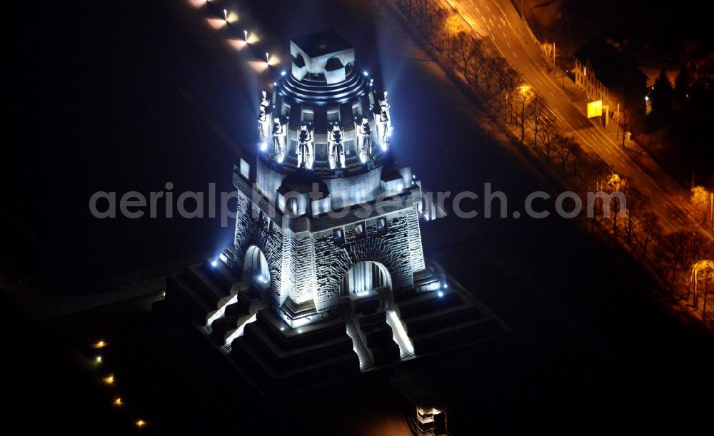 Leipzig at night from the bird perspective: Night aerial view of the Battle Monument Leipzig in Saxony