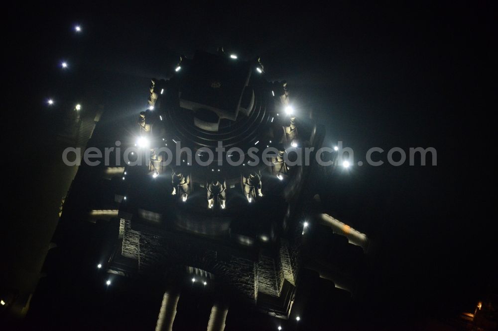 Aerial image at night Leipzig - Night aerial view of the Battle Monument Leipzig in Saxony