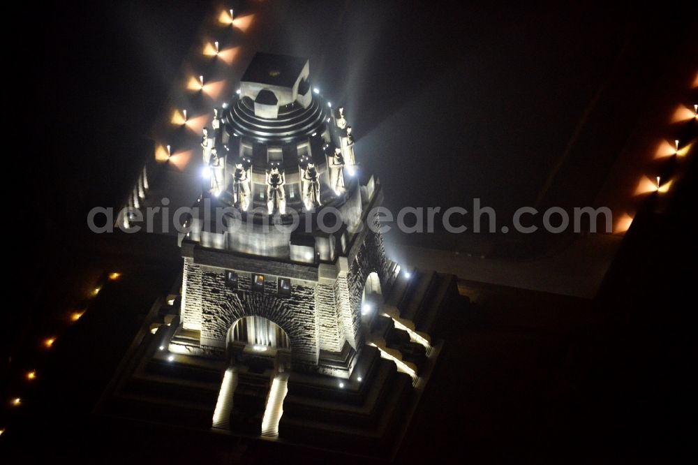 Aerial photograph at night Leipzig - Night aerial view of the Battle Monument Leipzig in Saxony