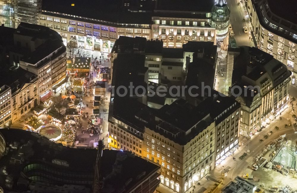 Düsseldorf at night from above - Night aerial view of the Christmas Market on Schadowplatz in Dusseldorf in North Rhine-Westphalia