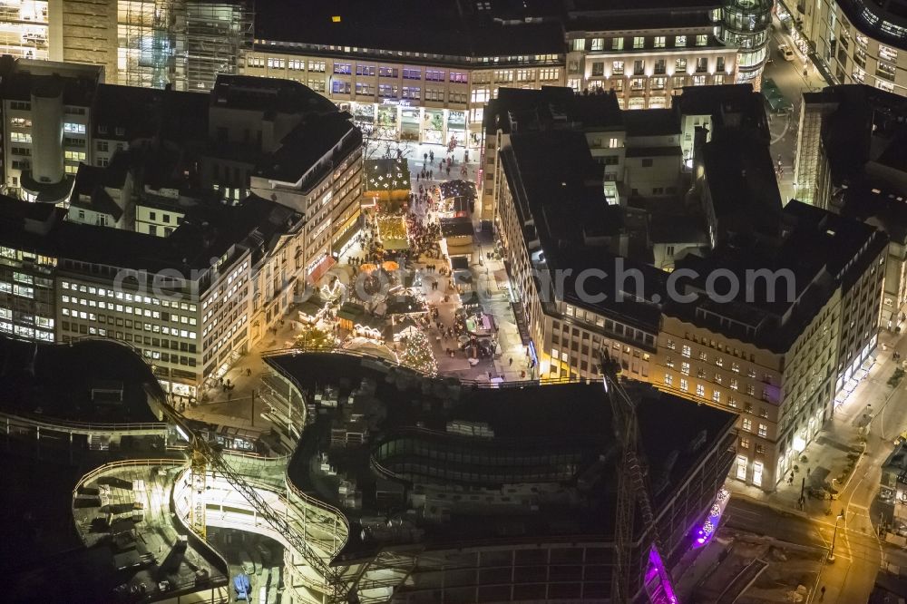 Düsseldorf at night from above - Night aerial view of the Christmas Market on Schadowplatz in Dusseldorf in North Rhine-Westphalia