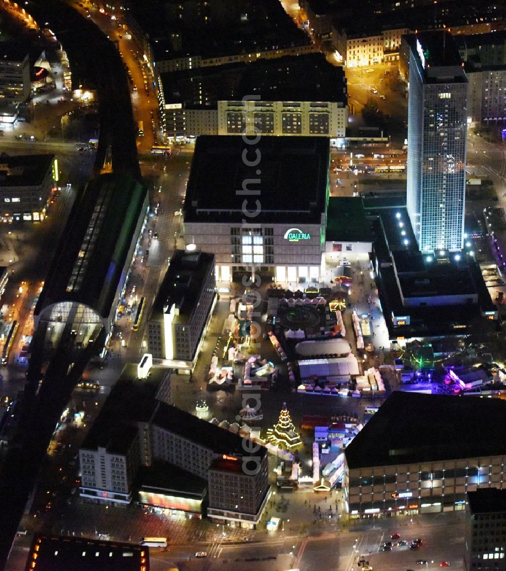 Aerial image at night Berlin - Night view christmassy market event grounds and sale huts and booths auf dem Alexanderplatz in Berlin