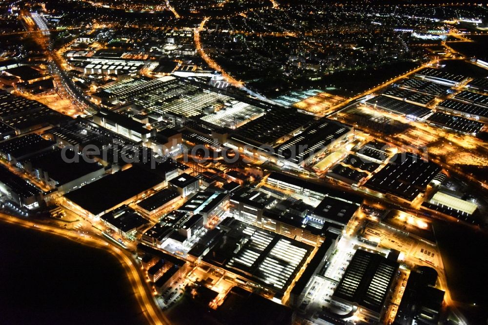 Aerial photograph at night Ingolstadt - Night view Building and production halls on the premises of AUDI AG on Ettinger Strasse in Ingolstadt in the state Bavaria