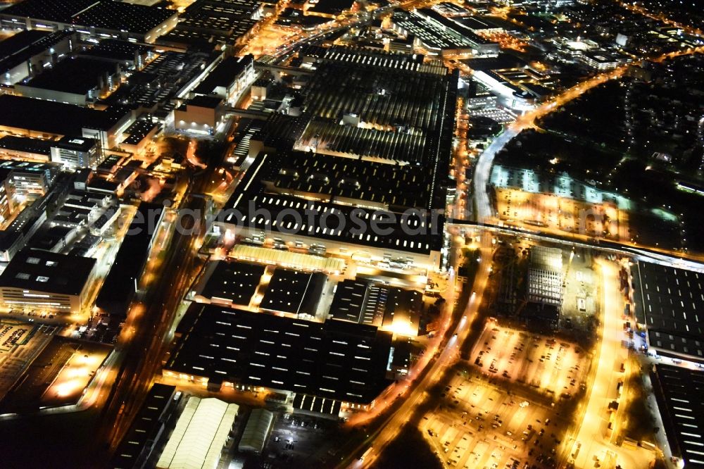 Aerial image at night Ingolstadt - Night view Building and production halls on the premises of AUDI AG on Ettinger Strasse in Ingolstadt in the state Bavaria