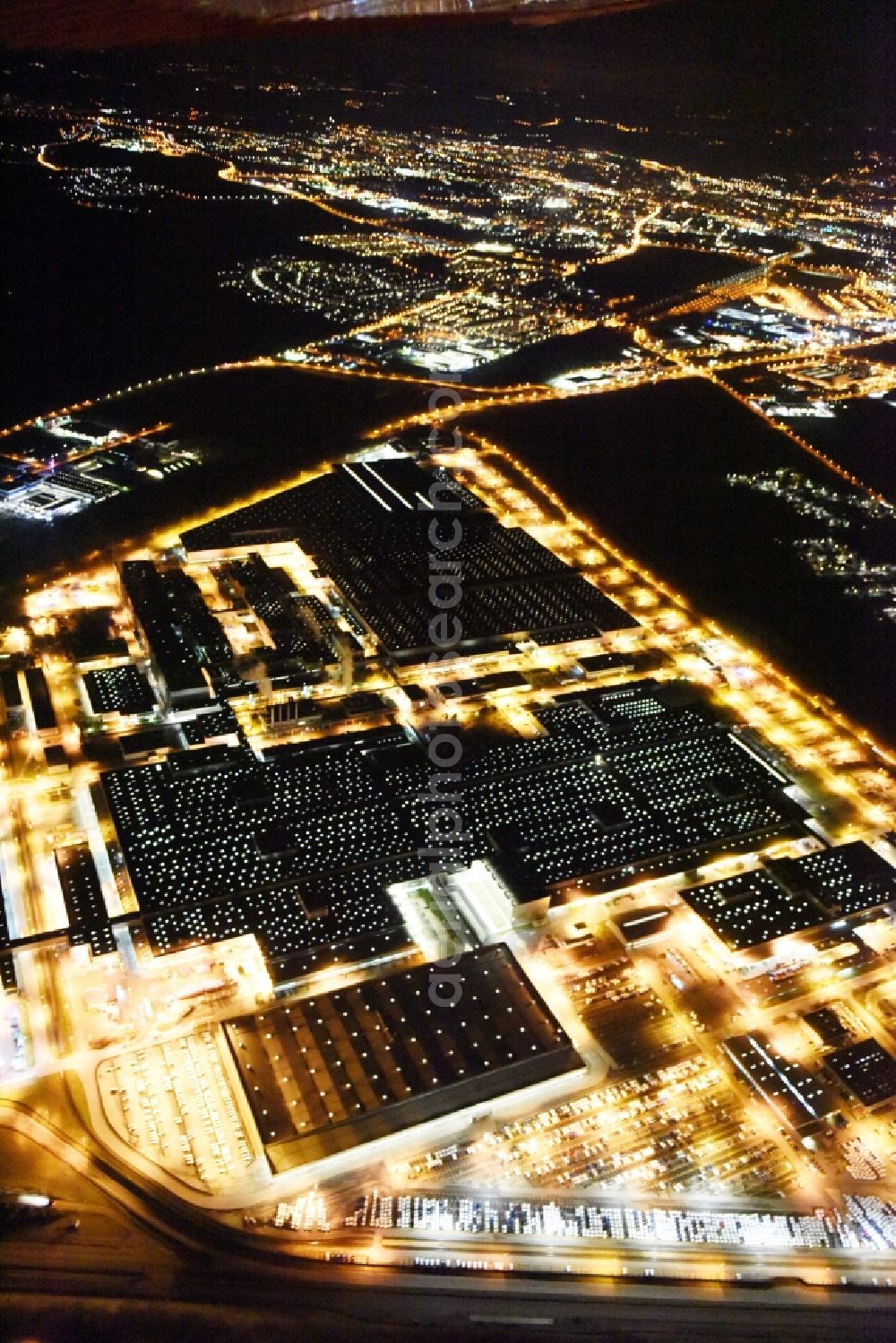 Aerial image at night Ingolstadt - Night view Building and production halls on the premises of AUDI AG on Ettinger Strasse in Ingolstadt in the state Bavaria