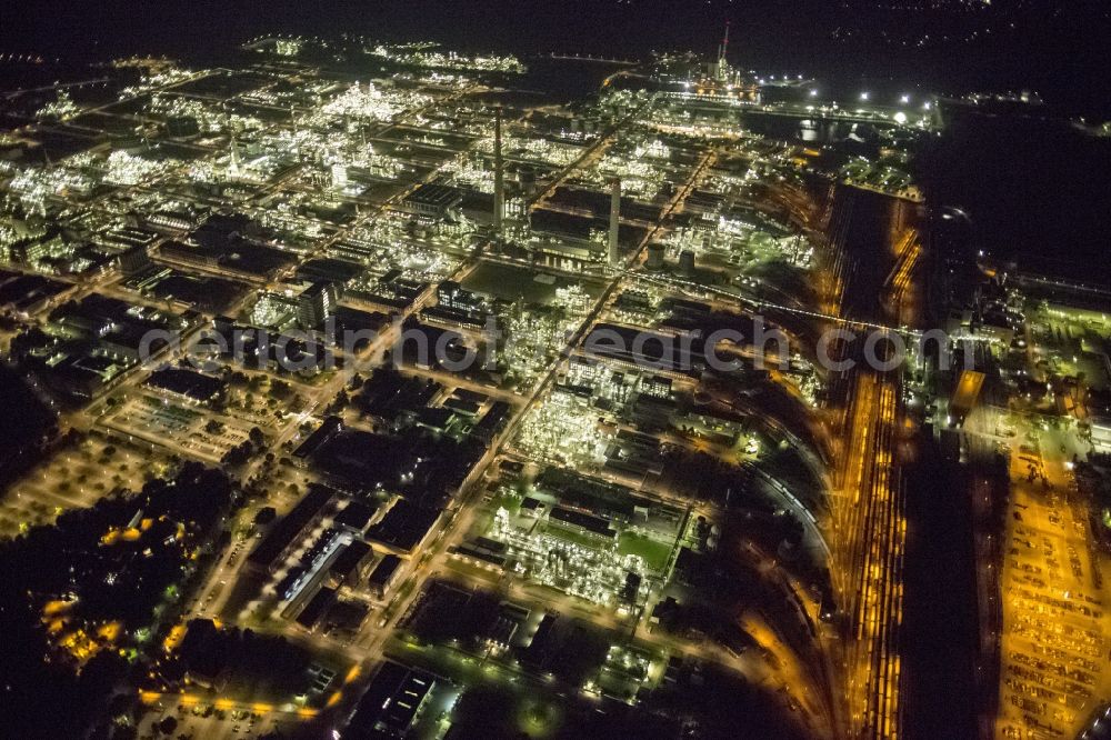 Marl at night from above - Night Aerial view of the facilities of the Marl Chemical Park (formerly Chemische Werke Huls AG) in the Ruhr area in North Rhine-Westphalia