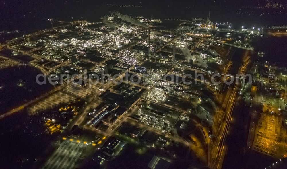 Aerial image at night Marl - Night Aerial view of the facilities of the Marl Chemical Park (formerly Chemische Werke Huls AG) in the Ruhr area in North Rhine-Westphalia