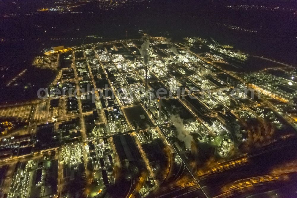 Marl at night from above - Night Aerial view of the facilities of the Marl Chemical Park (formerly Chemische Werke Huls AG) in the Ruhr area in North Rhine-Westphalia