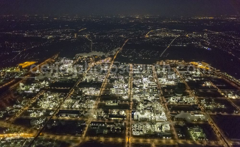 Aerial image at night Marl - Night Aerial view of the facilities of the Marl Chemical Park (formerly Chemische Werke Huls AG) in the Ruhr area in North Rhine-Westphalia