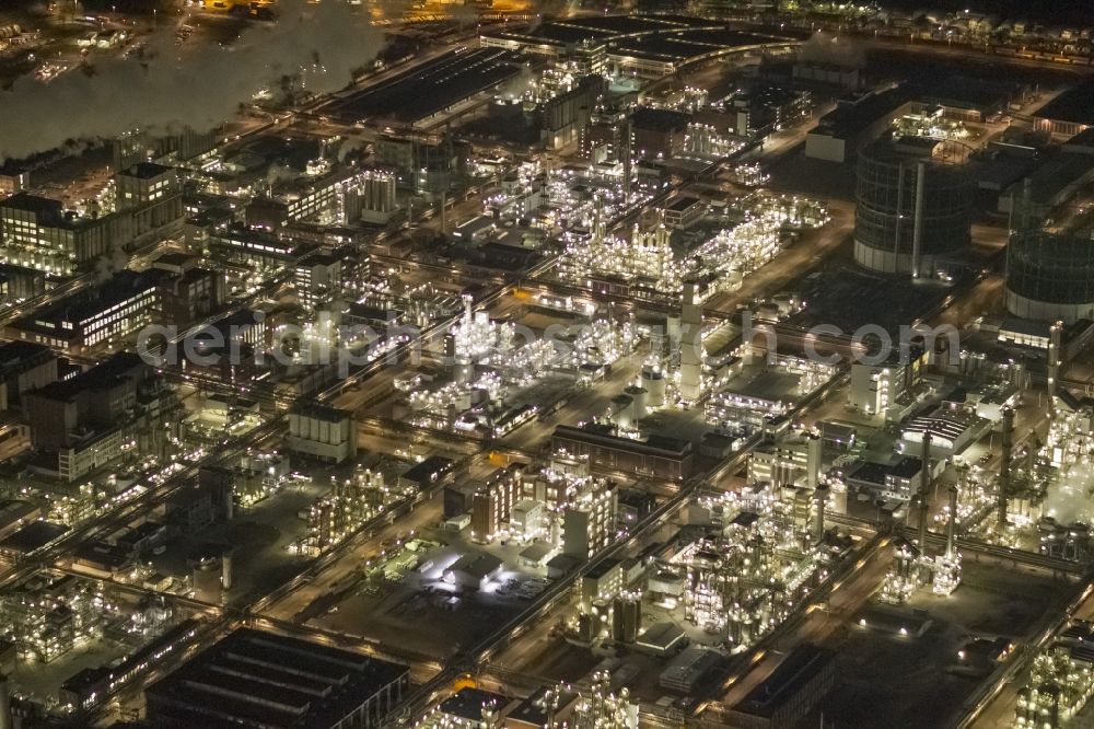 Marl at night from above - Night Aerial view of the facilities of the Marl Chemical Park (formerly Chemische Werke Huls AG) in the Ruhr area in North Rhine-Westphalia