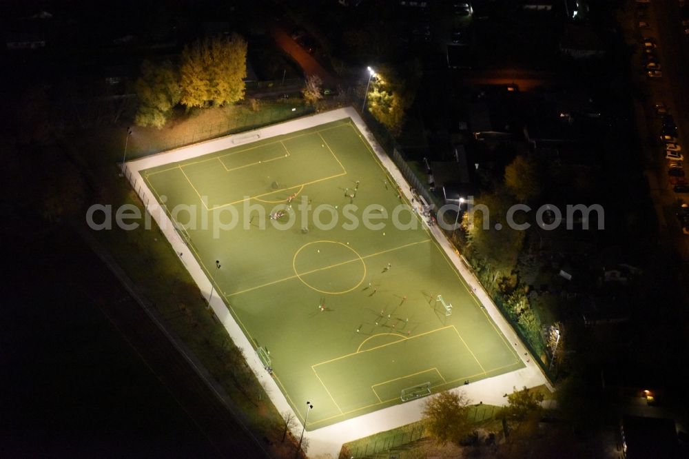 Aerial photograph at night Berlin - Night aerial view on the soccer field of the Koepenicker-SC e.V. in the Koepenick district of Berlin