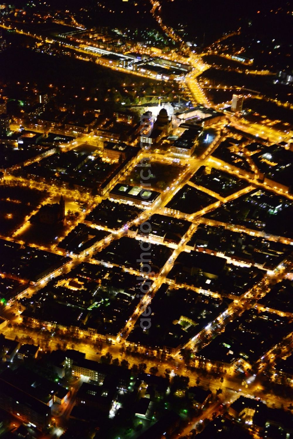 Potsdam at night from the bird perspective: Night aerial photo of Potsdam in the state Brandenburg