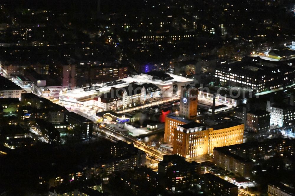 Berlin at night from above - Night image with a view of the shopping mall Tempelhofer Hafen and Ullsteinhaus on Tempelhofer Damm in the district of Tempelhof-Schoeneberg in Berlin