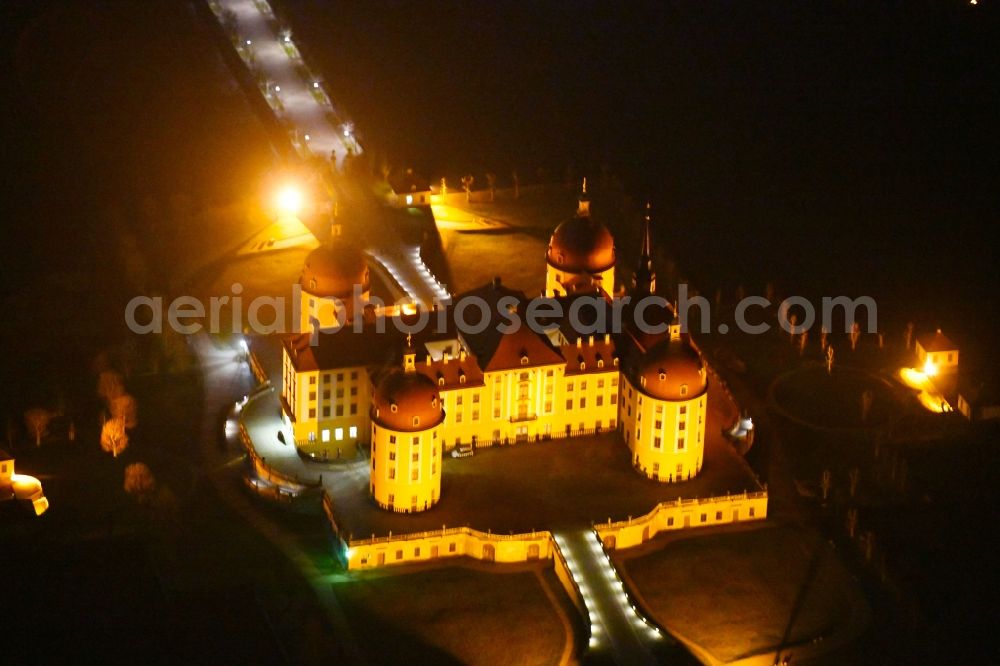 Aerial image at night Moritzburg - Night lighting building and castle park systems of water- and huntig-castle in Moritzburg in the state Saxony, Germany