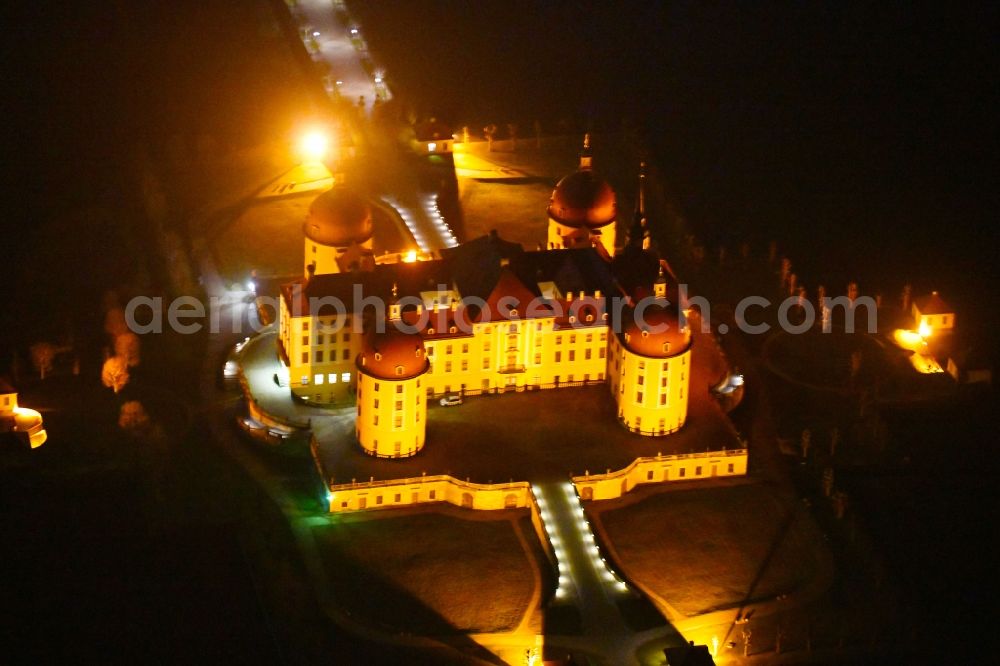 Moritzburg at night from above - Night lighting building and castle park systems of water- and huntig-castle in Moritzburg in the state Saxony, Germany