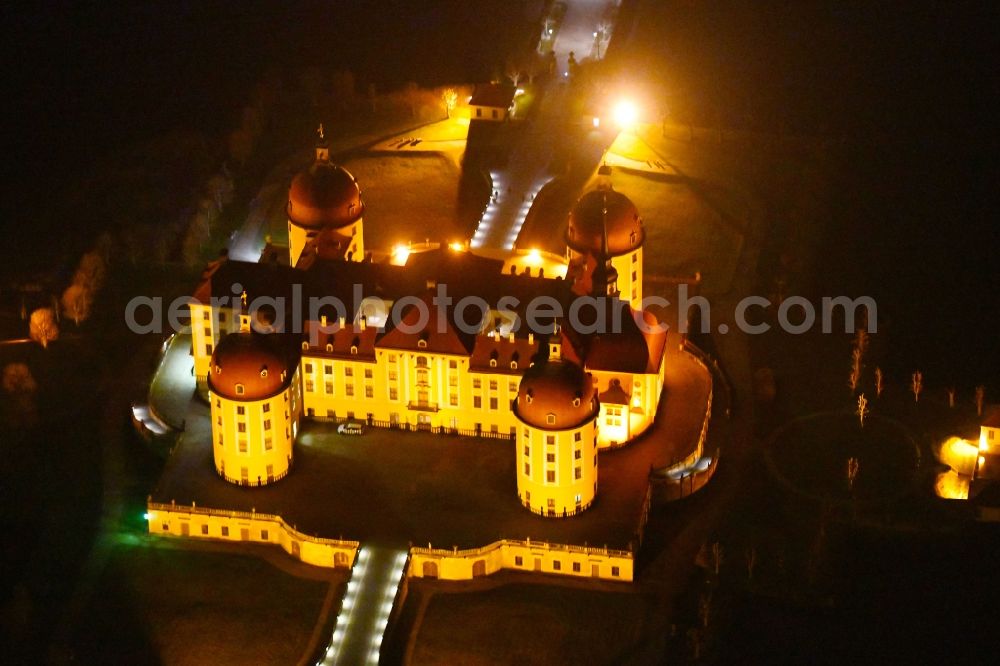Aerial photograph at night Moritzburg - Night lighting building and castle park systems of water- and huntig-castle in Moritzburg in the state Saxony, Germany