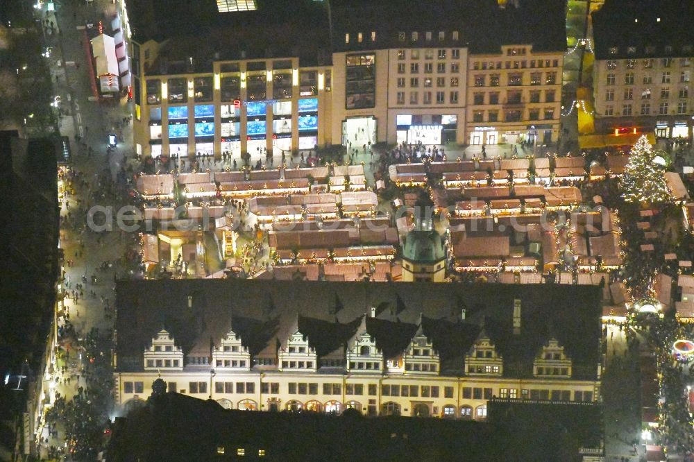 Leipzig at night from above - Night lighting christmas market on Town Hall building of the City Council at the market downtown in the district Zentrum in Leipzig in the state Saxony, Germany