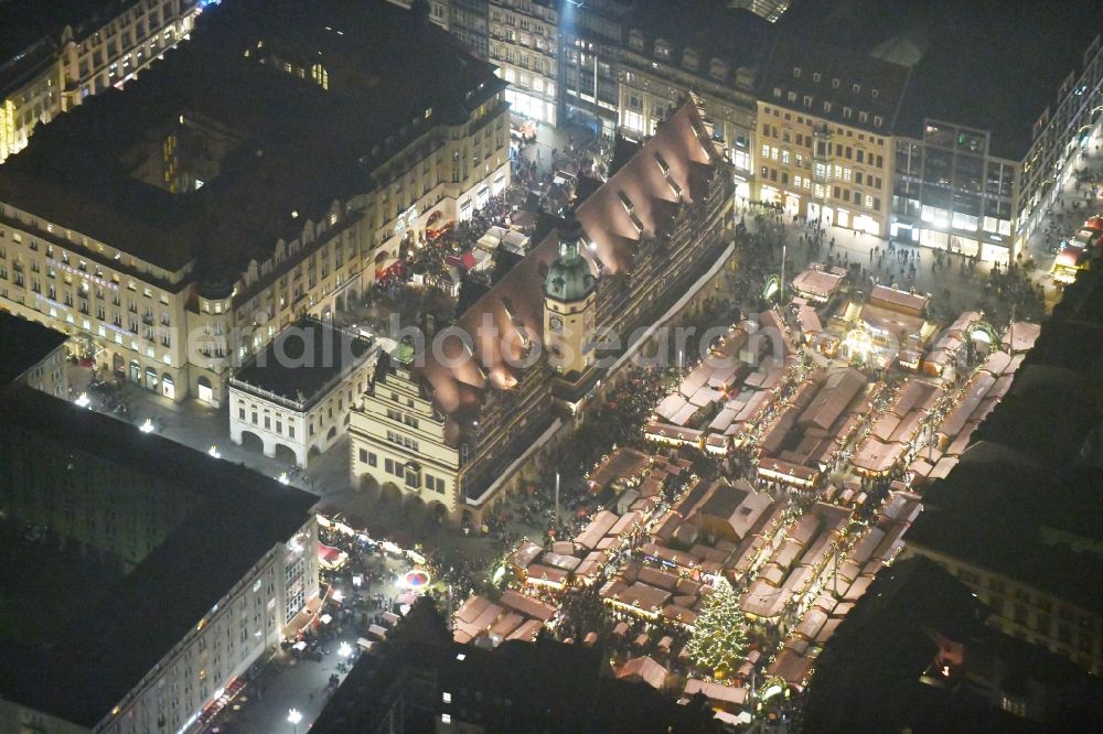 Leipzig at night from above - Night lighting christmas market on Town Hall building of the City Council at the market downtown in the district Zentrum in Leipzig in the state Saxony, Germany