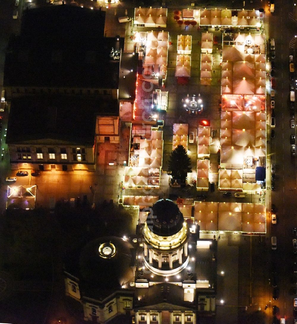 Berlin at night from above - Night view christmas market on place area Gendarmenmarkt with the building ensemble German and French Cathedral, Schauspielhaus in Berlin Mitte