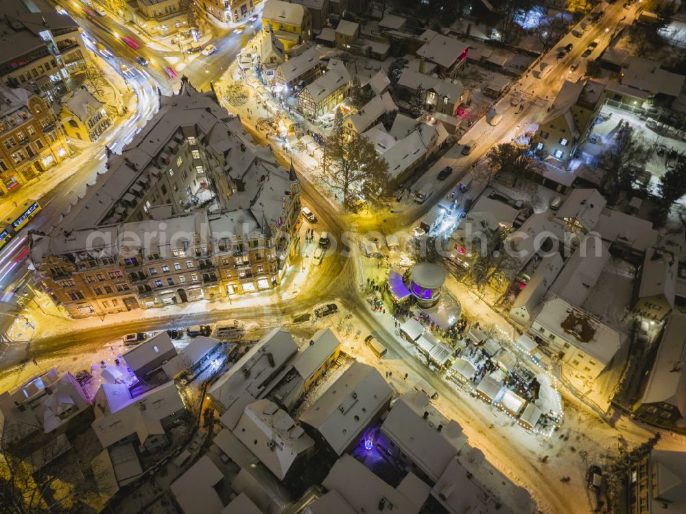 Aerial image at night Dresden - Night lights and illumination Christmas market at Koernerplatz- Friedrich-Wieck-Strasse in the district of Loschwitz in Dresden in the federal state of Saxony, Germany