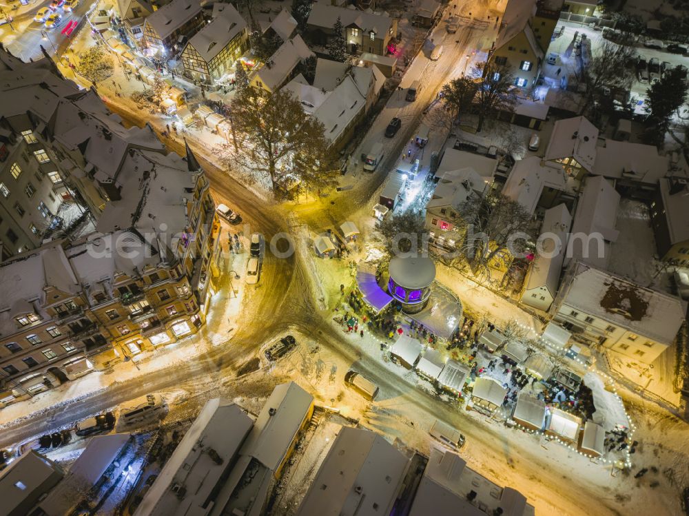 Dresden at night from above - Night lights and illumination Christmas market at Koernerplatz- Friedrich-Wieck-Strasse in the district of Loschwitz in Dresden in the federal state of Saxony, Germany