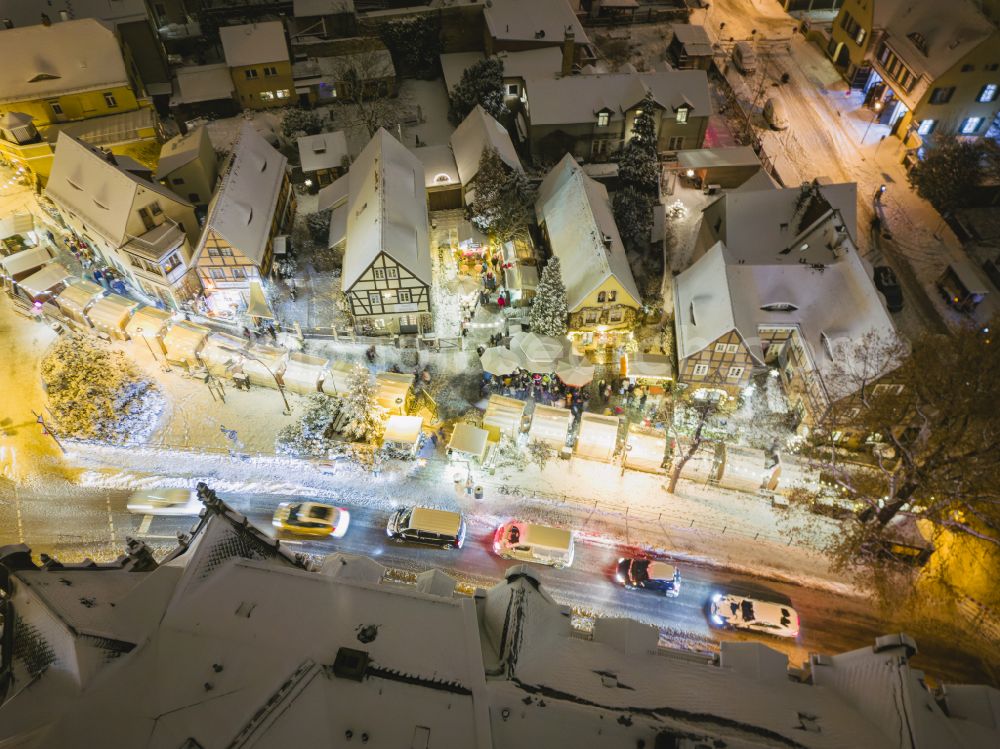 Aerial photograph at night Dresden - Night lights and illumination Christmas market at Koernerplatz- Friedrich-Wieck-Strasse in the district of Loschwitz in Dresden in the federal state of Saxony, Germany