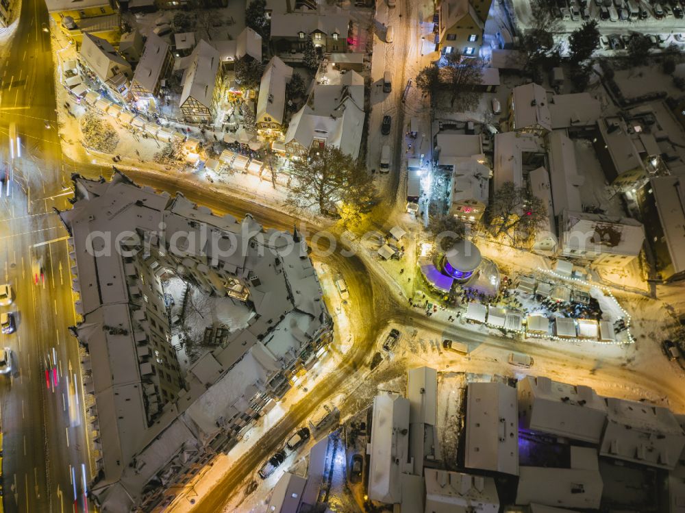 Aerial image at night Dresden - Night lights and illumination Christmas market at Koernerplatz- Friedrich-Wieck-Strasse in the district of Loschwitz in Dresden in the federal state of Saxony, Germany