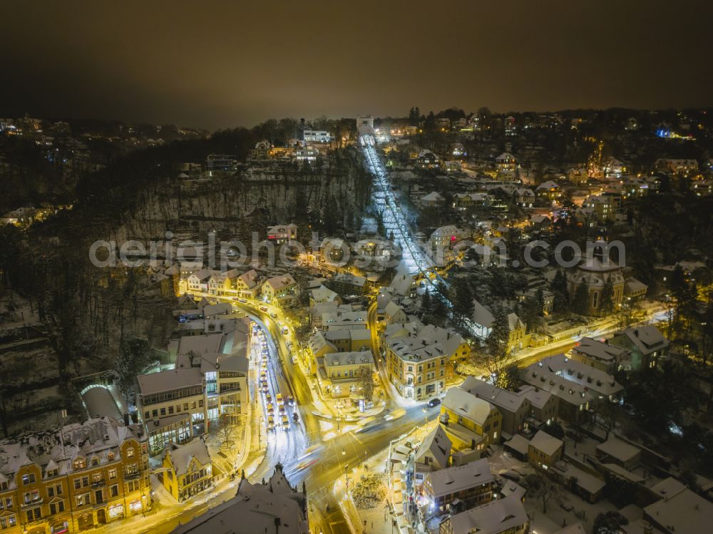 Dresden at night from above - Night lights and illumination Christmas market at Koernerplatz- Friedrich-Wieck-Strasse in the district of Loschwitz in Dresden in the federal state of Saxony, Germany