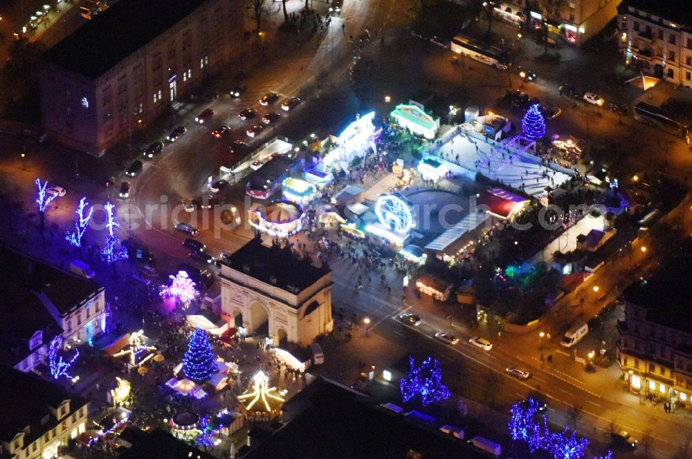 Potsdam at night from above - Night lights of Christmas - event site Luisenplatz on place Brandenburger Tor in Potsdam in the state Brandenburg