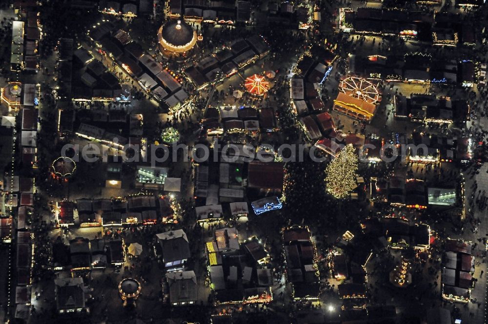 Aerial photograph at night Dresden - Night lighting christmassy market event grounds and sale huts and booths Dresdner Striezelmarkt in the district Zentrum in Dresden in the state Saxony, Germany