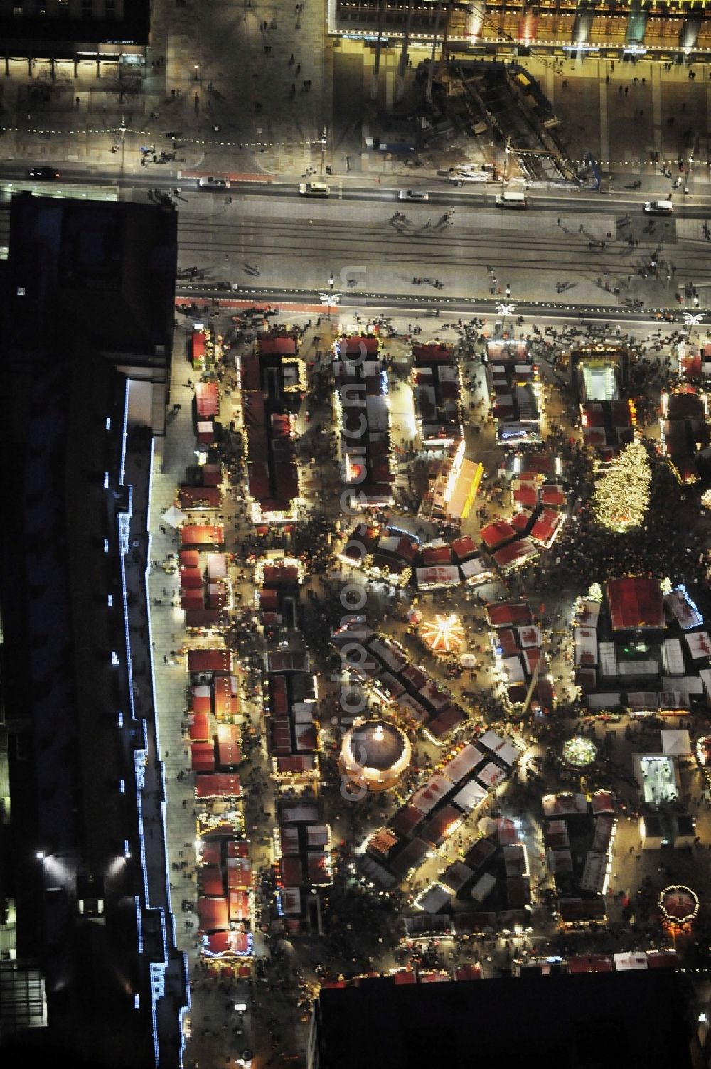 Dresden at night from above - Night lighting christmassy market event grounds and sale huts and booths Dresdner Striezelmarkt in the district Zentrum in Dresden in the state Saxony, Germany