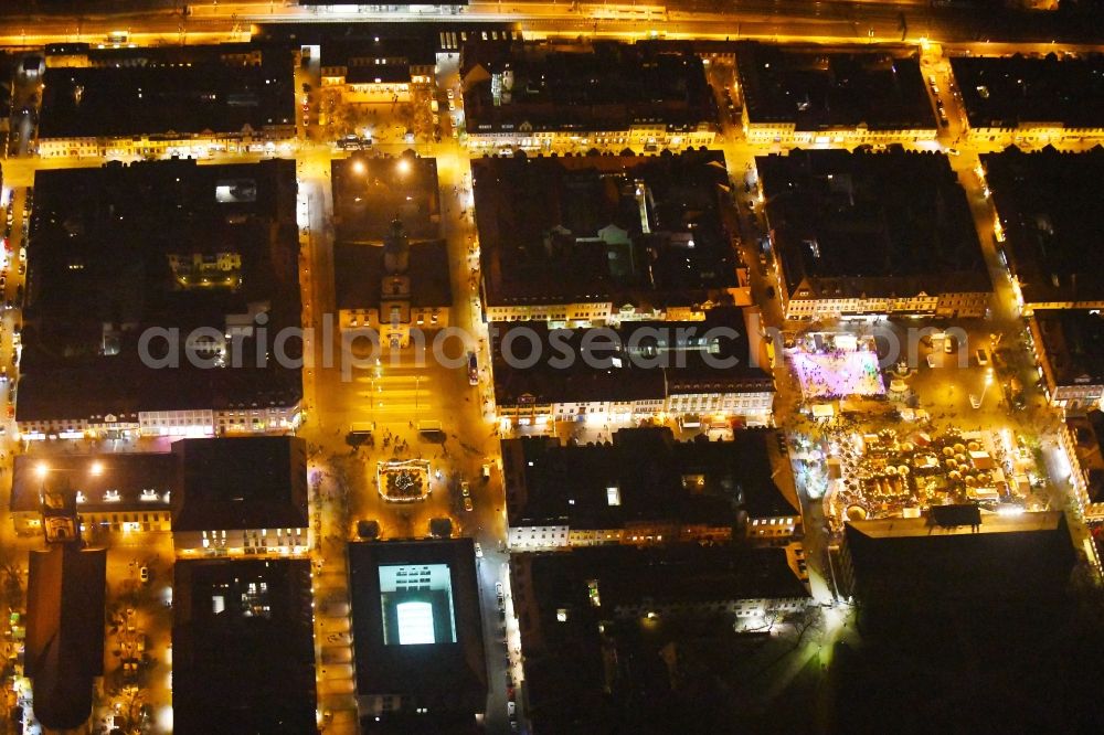 Aerial photograph at night Erlangen - Night lighting Christmassy market event grounds and sale huts and booths Erlanger Waldweihnacht in the district Bruck in Erlangen in the state Bavaria, Germany