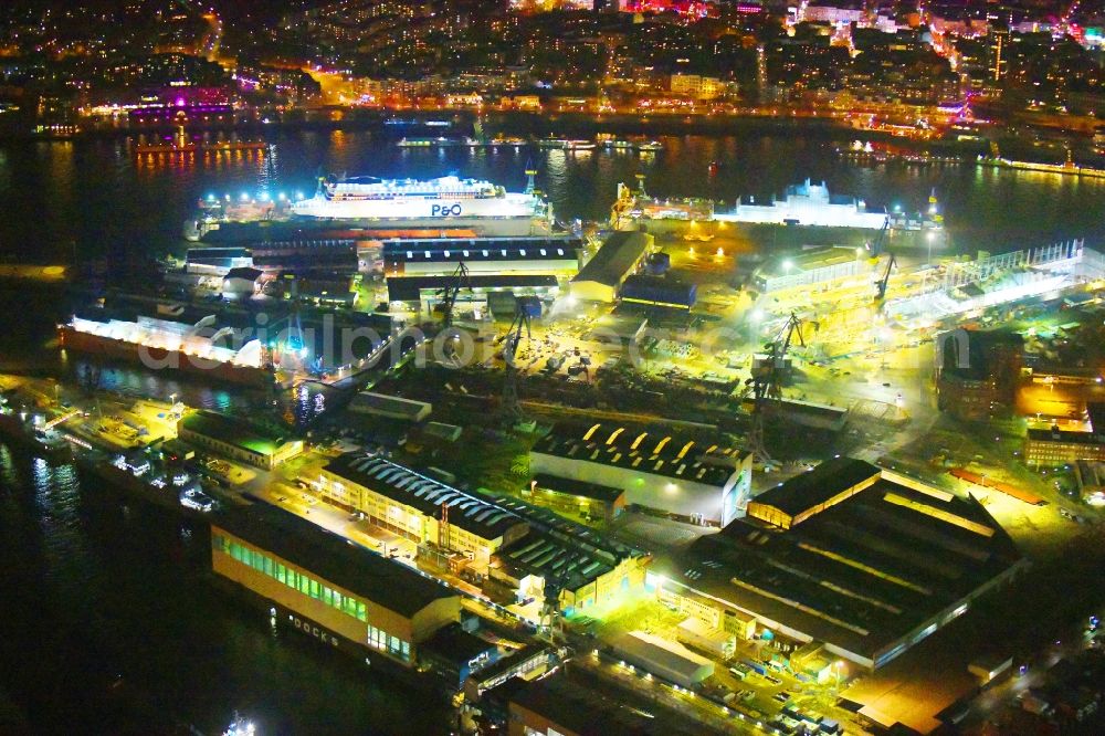 Hamburg at night from above - Night lighting shipyard on the banks of Norofelbe in the district Steinwerder in Hamburg, Germany