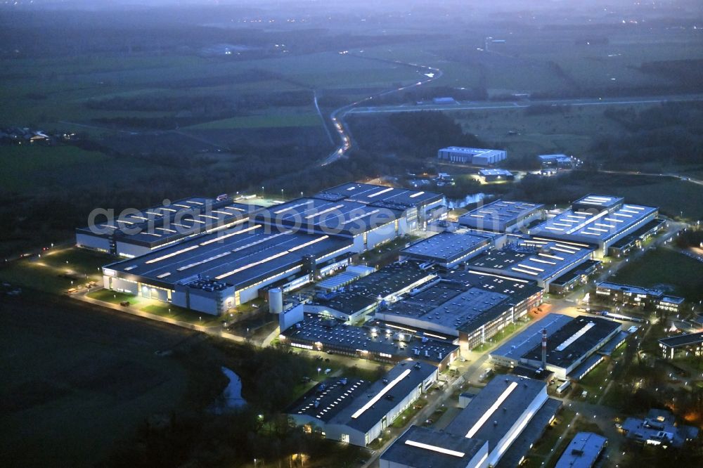 Aerial image at night Stade - Night lighting building and production halls on the premises of Airbus Operations GmbH on Airbus-Strasse in Stade in the state Lower Saxony, Germany