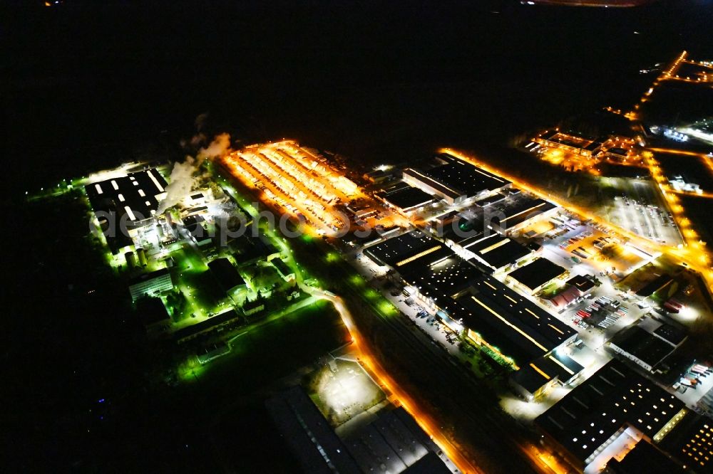 Gotha at night from above - Night lighting Building and production halls on the premises of der Gothaer Fahrzeugtechnik GmbH an der Fliegerstrasse in Gotha in the state Thuringia, Germany