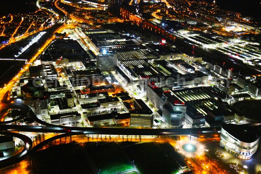 Aerial photograph at night Stuttgart - Night lighting building and production halls on the premises of Merceof-Benz Nieoflassung on Ufer of Neckar in the district Untertuerkheim in Stuttgart in the state Baden-Wurttemberg, Germany