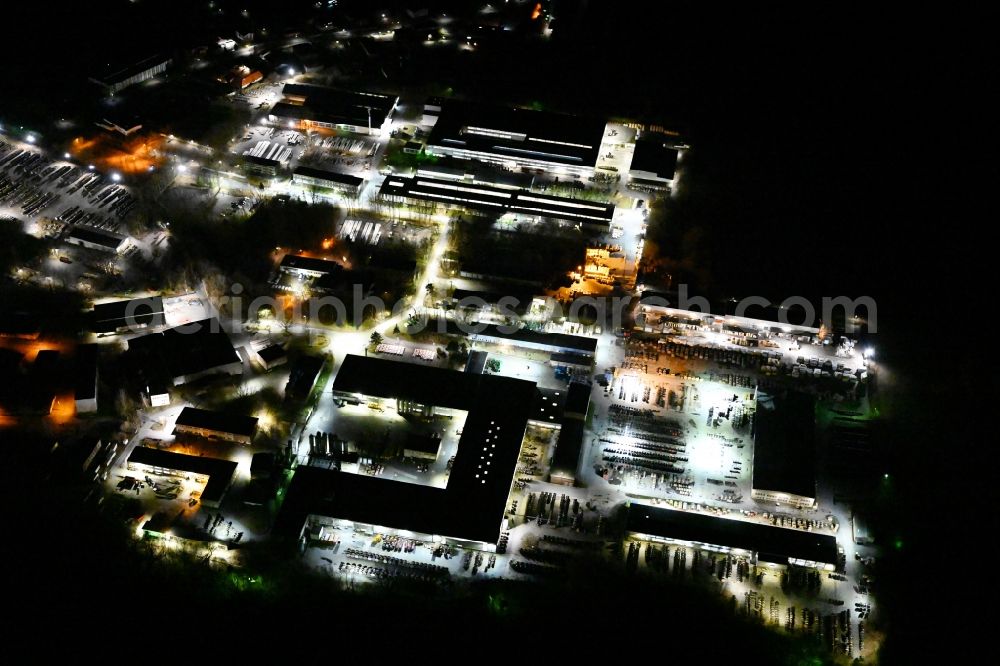 Schwerin at night from above - Night lighting building and production halls on the premises of Prysmian Kabel und Systeme GmbH on Siemensplatz in Schwerin in the state Mecklenburg - Western Pomerania, Germany