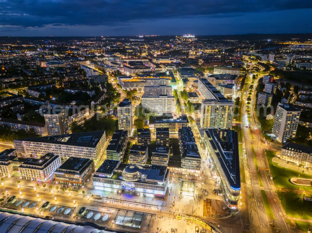 Aerial image at night Dresden - Night lighting residential and commercial building district Prager Carree on street Prager Strasse - Wiener Platz in the district Altstadt in Dresden in the state Saxony, Germany