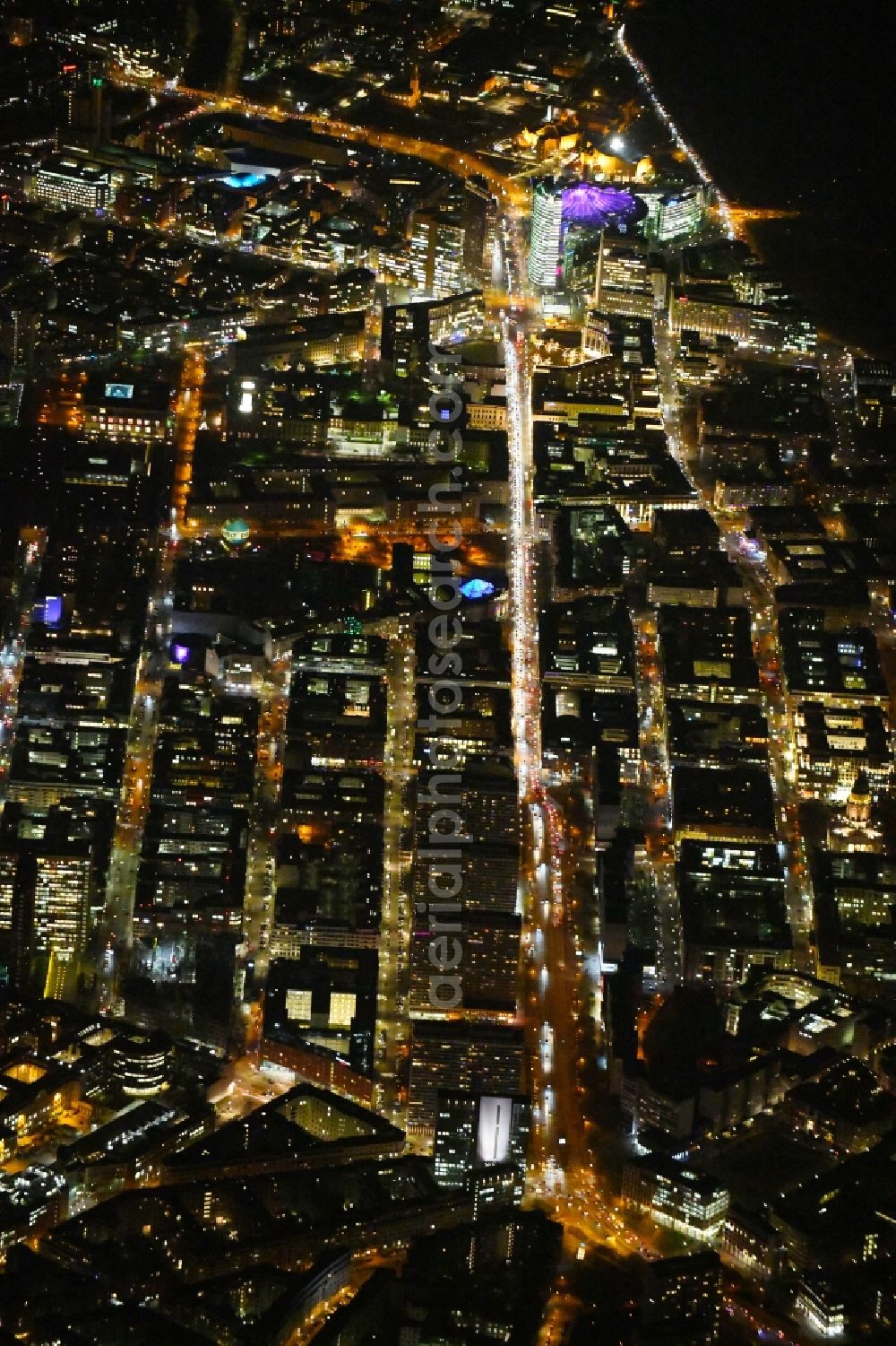 Berlin at night from above - Night lighting Residential area of the multi-family house settlement on Spittelmarkt along the Leipziger Strasse corner Friedrichstrasse in the district Mitte in Berlin, Germany