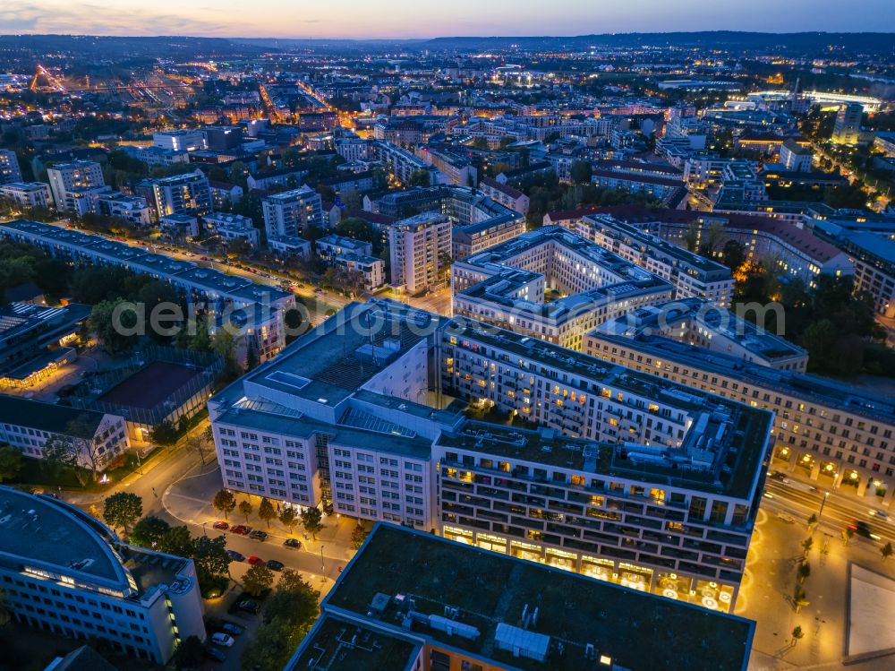 Aerial image at night Dresden - Night lighting multi-family residential building Mary-Ann-Apartments on Freiberger Strasse in the Wilsdruffer Vorstadt district in Dresden in the state of Saxony, Germany