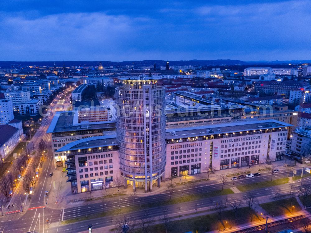 Aerial photograph at night Dresden - Night lights and illumination World Trade Center on street Ammonstrasse in the district Wilsdruffer Vorstadt in Dresden in the state of Saxony, Germany