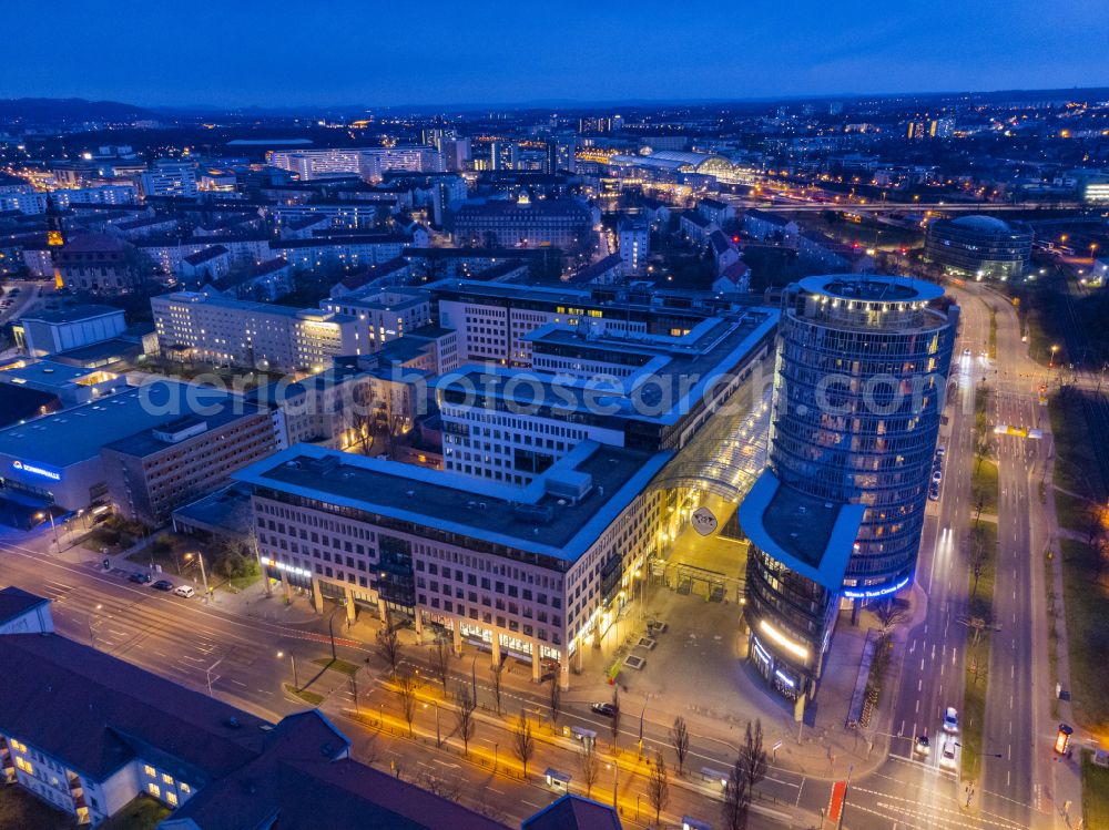 Aerial image at night Dresden - Night lights and illumination World Trade Center on street Ammonstrasse in the district Wilsdruffer Vorstadt in Dresden in the state of Saxony, Germany