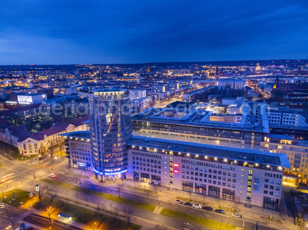 Dresden at night from above - Night lights and illumination World Trade Center on street Ammonstrasse in the district Wilsdruffer Vorstadt in Dresden in the state of Saxony, Germany