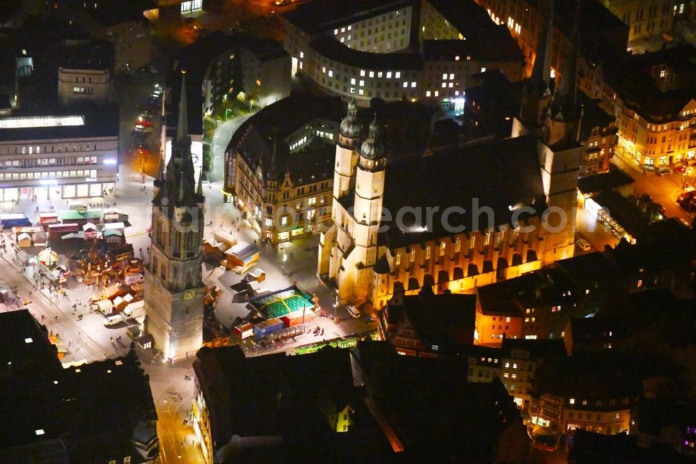 Aerial photograph at night Halle (Saale) - Night lighting View of the center of Halle view of the Red Tower and the St. Mary's Church in Saxony-Anhalt